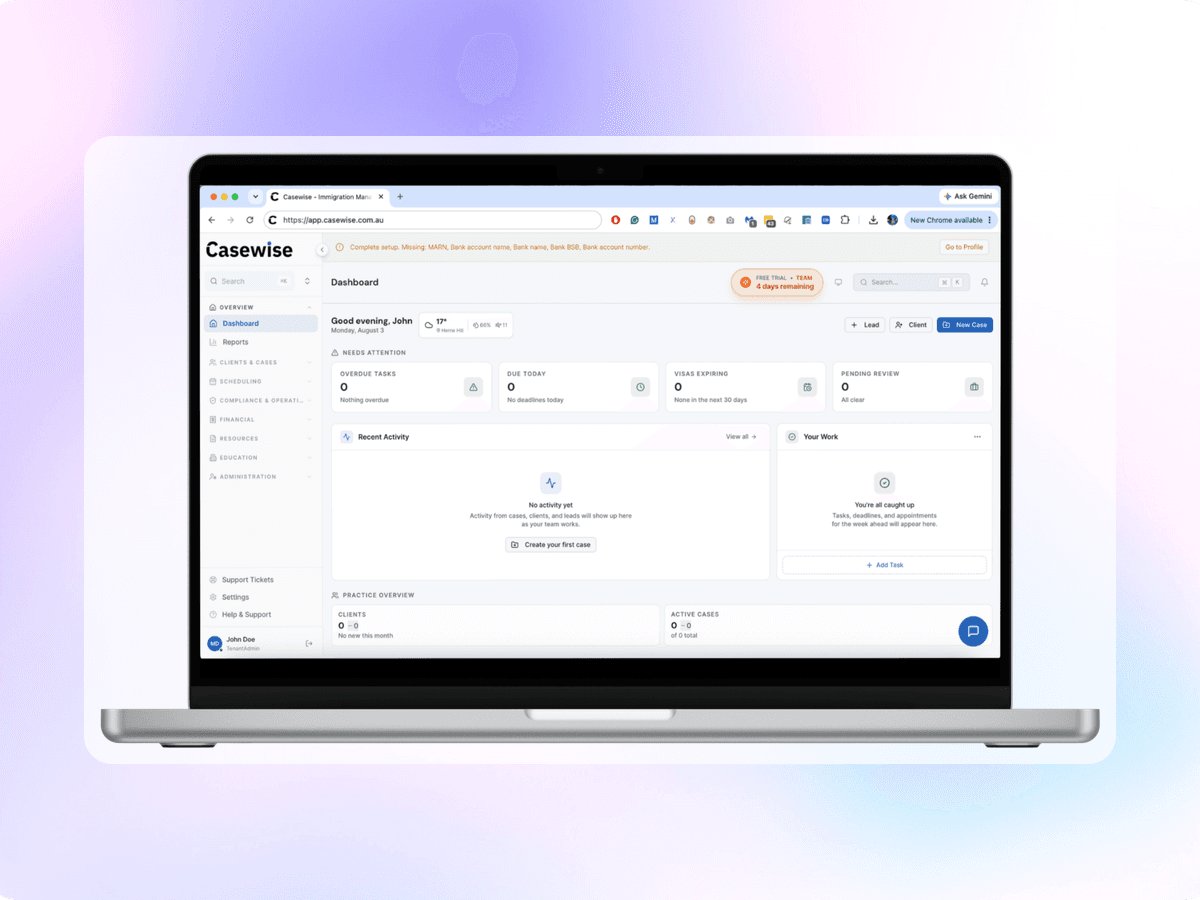 The Casewise workspace that Australian migration and education agencies run their matters from