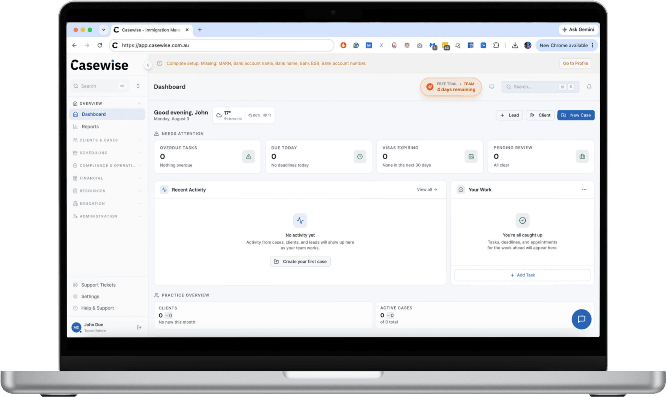 The Casewise dashboard, showing overdue tasks, visas expiring, recent activity and upcoming work
