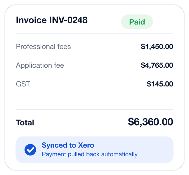 A Casewise invoice marked paid and synced to Xero