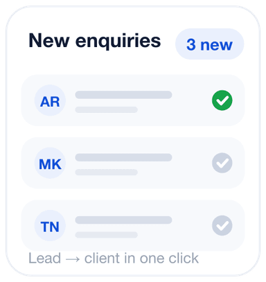 New enquiries arriving in the Casewise lead inbox, ready to convert to clients