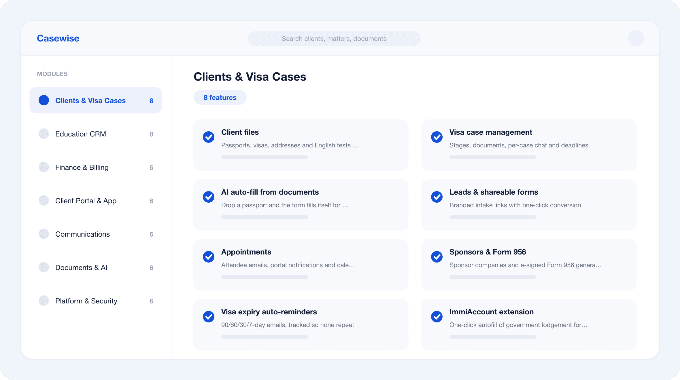 Casewise workspace showing 7 connected modules, including clients and visa cases