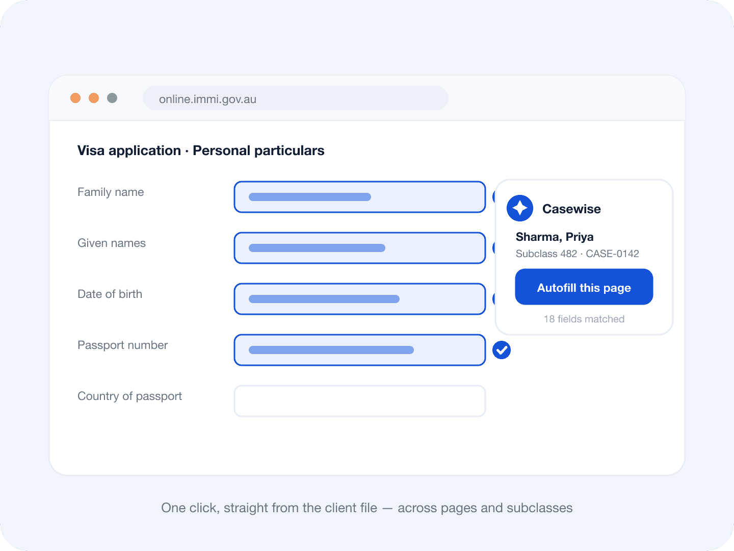The Casewise browser extension filling an ImmiAccount lodgement form from the client file